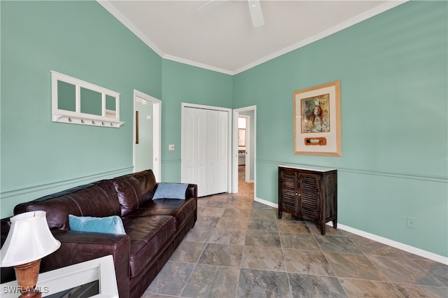 8014 Kilkenny Ct Unit G47, Naples, FL 34112 - living area with stone finish floors, ceiling fan, and crown molding