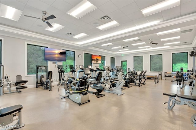8014 Kilkenny Ct Unit G47, Naples, FL 34112 - workout area featuring ceiling fan, healthy amount of natural light, and a drop ceiling