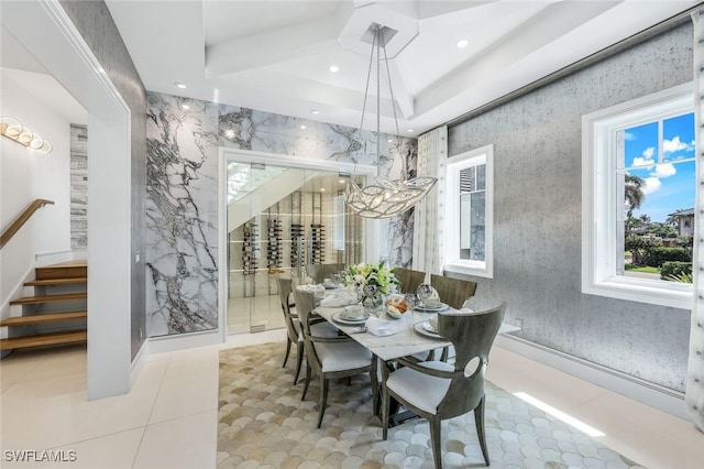 309 Neapolitan Way, Naples, FL 34103 - tiled dining room featuring stairs, recessed lighting, and a chandelier