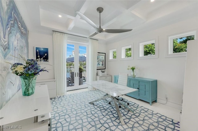 309 Neapolitan Way, Naples, FL 34103 - office area with coffered ceiling, french doors, ceiling fan, plenty of natural light, and beamed ceiling