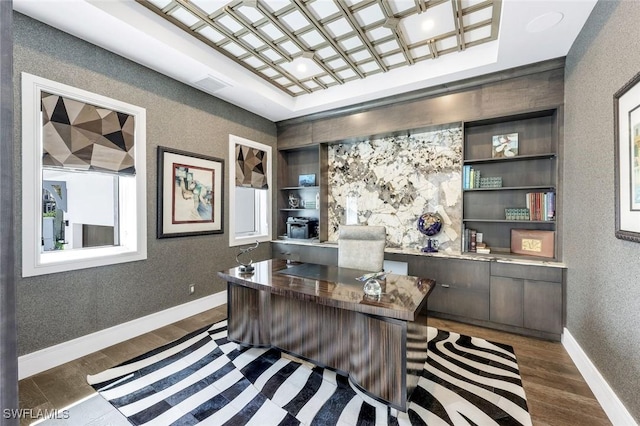 309 Neapolitan Way, Naples, FL 34103 - office area with dark wood-type flooring, built in features, and a tray ceiling