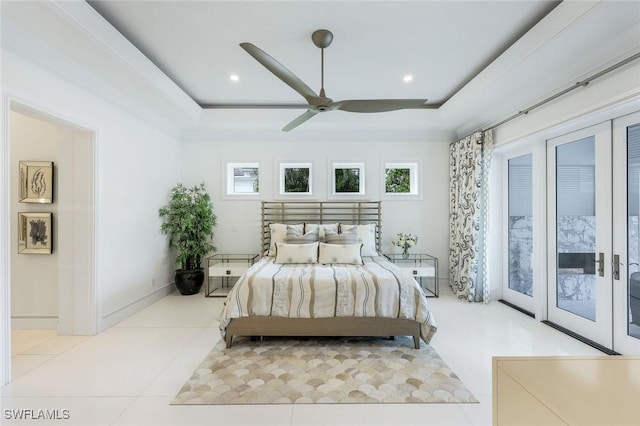 309 Neapolitan Way, Naples, FL 34103 - tiled bedroom with access to exterior, a tray ceiling, recessed lighting, and ceiling fan