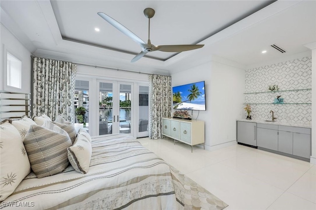 309 Neapolitan Way, Naples, FL 34103 - bedroom featuring french doors, access to exterior, a raised ceiling, ceiling fan, and recessed lighting