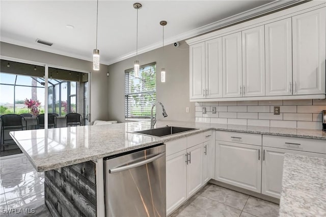 4582 Fairloop Run, Lehigh Acres, FL 33973 - kitchen with dishwasher, a peninsula, crown molding, white cabinets, and tasteful backsplash