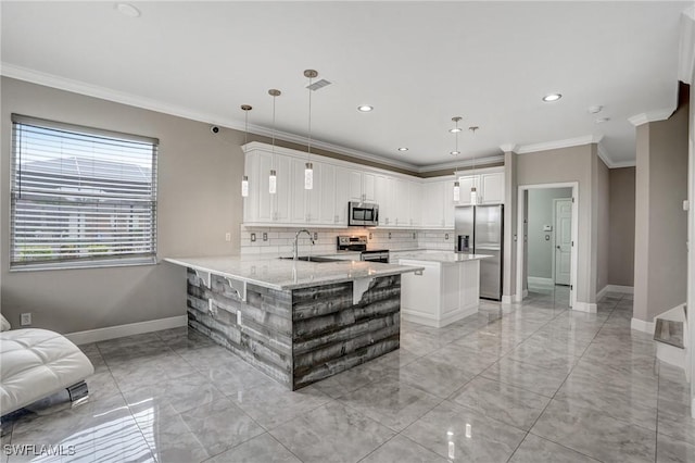 4582 Fairloop Run, Lehigh Acres, FL 33973 - kitchen with stainless steel appliances, light marble finish flooring, a peninsula, backsplash, and ornamental molding