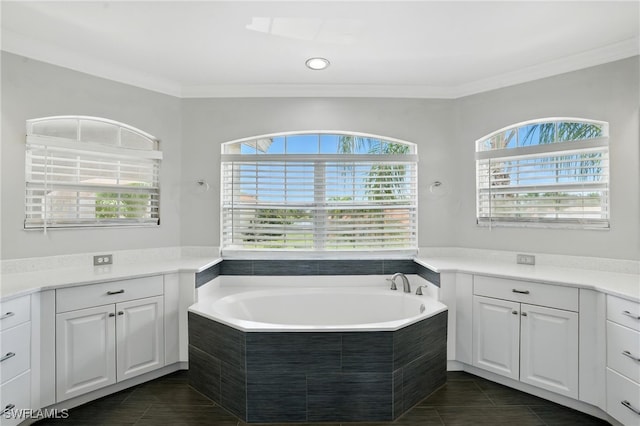 4582 Fairloop Run, Lehigh Acres, FL 33973 - bathroom with ornamental molding, a bath, tile patterned floors, and vanity