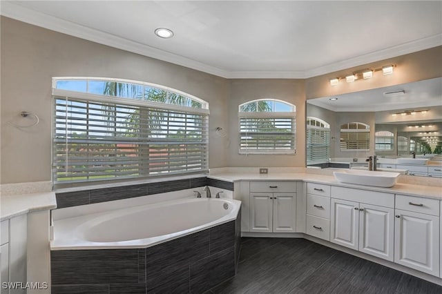 4582 Fairloop Run, Lehigh Acres, FL 33973 - full bath with vanity, a bath, crown molding, and recessed lighting