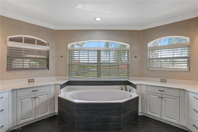 4582 Fairloop Run, Lehigh Acres, FL 33973 - full bathroom with a bath, crown molding, tile patterned flooring, and vanity
