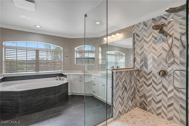 4582 Fairloop Run, Lehigh Acres, FL 33973 - bathroom featuring ornamental molding, vanity, a tile shower, a bath, and recessed lighting
