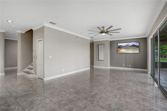 4582 Fairloop Run, Lehigh Acres, FL 33973 - unfurnished room featuring ornamental molding, light marble finish flooring, ceiling fan, recessed lighting, and stairway