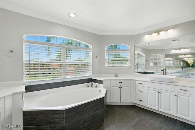 4582 Fairloop Run, Lehigh Acres, FL 33973 - full bath featuring vanity, a bath, crown molding, and recessed lighting