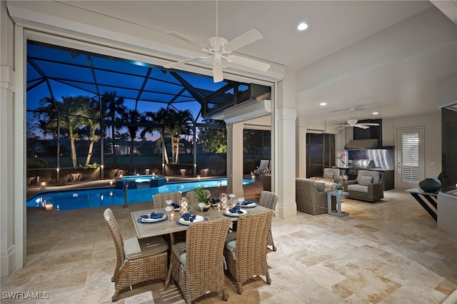 3262 Sedge Pl, Naples, FL 34105 - view of patio / terrace with ceiling fan, a pool with connected hot tub, outdoor dining space, a lanai, and outdoor lounge area