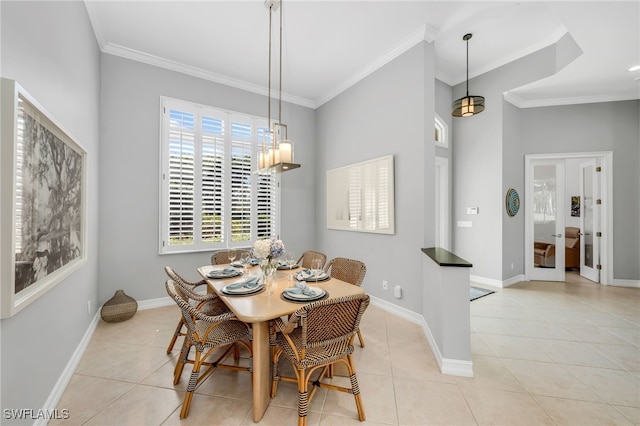 3262 Sedge Pl, Naples, FL 34105 - dining space featuring crown molding, light tile patterned floors, and a chandelier