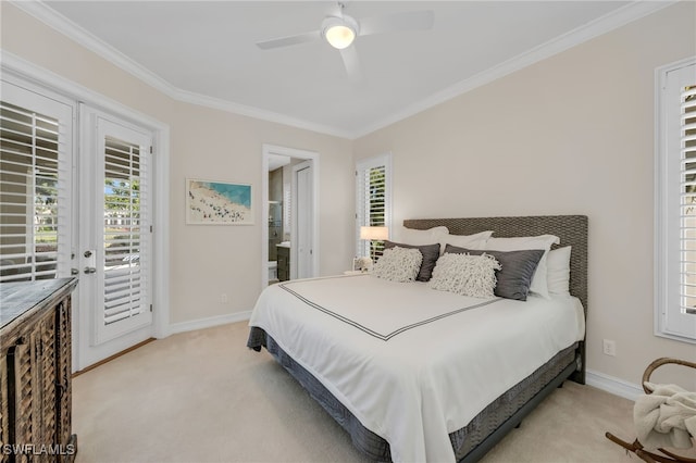 3262 Sedge Pl, Naples, FL 34105 - bedroom featuring access to exterior, light colored carpet, crown molding, multiple windows, and ceiling fan