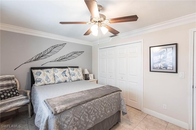401 NE 14th Pl, Cape Coral, FL 33909 - bedroom with crown molding, a closet, ceiling fan, and light tile patterned floors