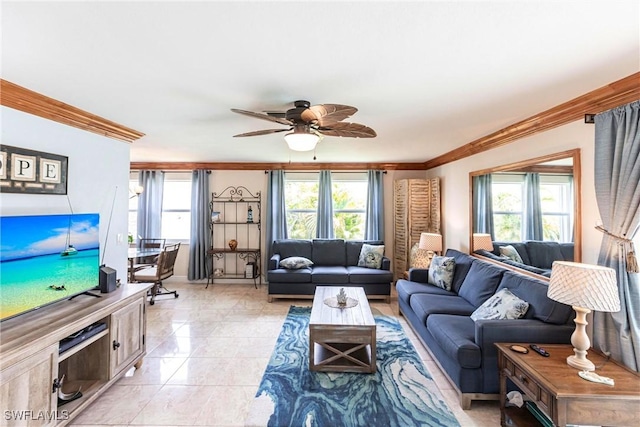 401 NE 14th Pl, Cape Coral, FL 33909 - living room featuring healthy amount of natural light, ornamental molding, and ceiling fan