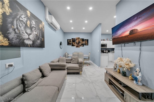 1421 SW 13th Ter, Cape Coral, FL 33991 - living room featuring light marble finish flooring, a wall unit AC, and recessed lighting