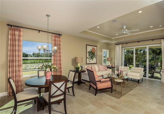 4088 Pegasus Way, Naples, FL 34120 - living area with a chandelier, recessed lighting, a raised ceiling, and ceiling fan
