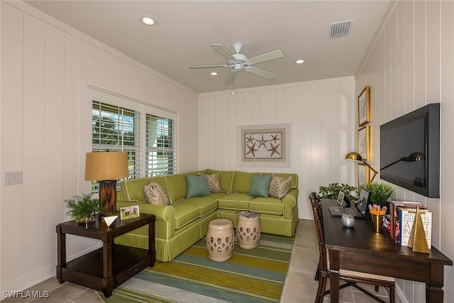 4088 Pegasus Way, Naples, FL 34120 - living area featuring ornamental molding, ceiling fan, and recessed lighting