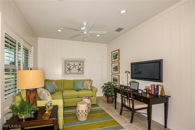 4088 Pegasus Way, Naples, FL 34120 - tiled living area with a ceiling fan, a decorative wall, recessed lighting, and crown molding
