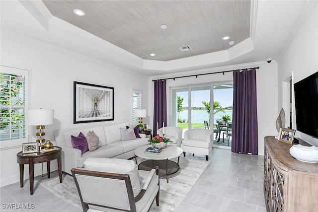 4577 Centaurus Cir, Naples, FL 34120 - living area with a raised ceiling, ornamental molding, light tile patterned floors, recessed lighting, and wood ceiling