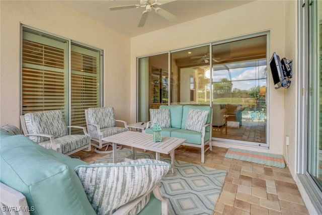 14642 Speranza Way, Bonita Springs, FL 34135 - sunroom / solarium featuring a ceiling fan and outdoor lounge area