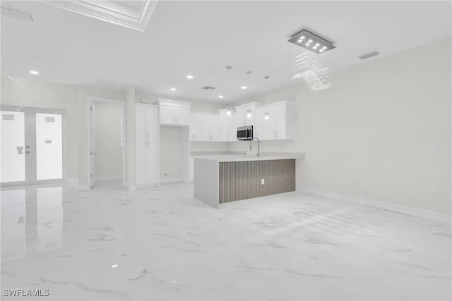 2718 42nd St W, Lehigh Acres, FL 33971 - unfurnished living room featuring recessed lighting, light marble finish flooring, a chandelier, and ornamental molding