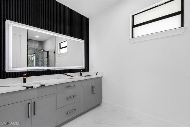 2813 24th St W, Lehigh Acres, FL 33971 - full bath featuring marble finish floors, a marble finish shower, and double vanity