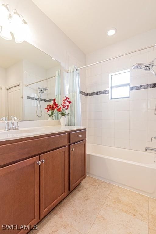 7907 Bristol Cir, Naples, FL 34120 - bathroom with shower / tub combo with curtain, vanity, and tile patterned floors