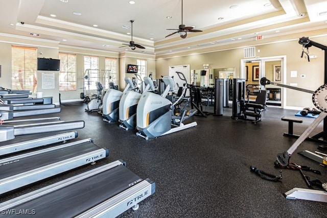 7907 Bristol Cir, Naples, FL 34120 - workout area with a raised ceiling, crown molding, and a ceiling fan