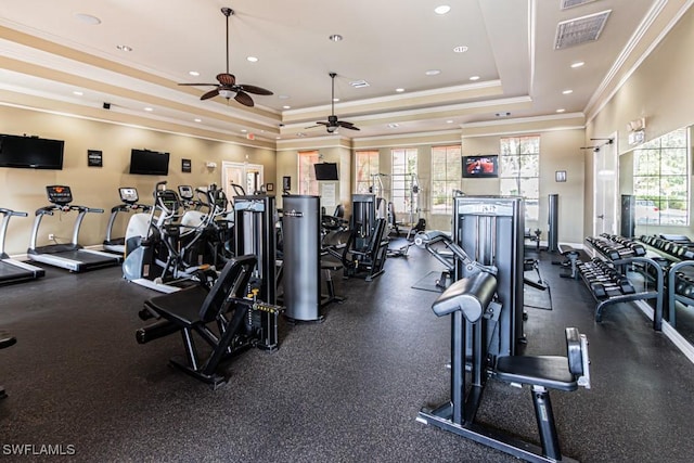 7907 Bristol Cir, Naples, FL 34120 - workout area with a tray ceiling, a ceiling fan, crown molding, and recessed lighting