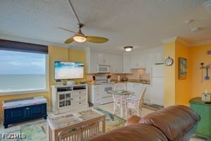 7360 Estero Blvd Unit 703, Fort Myers Beach, FL 33931 - living area featuring a ceiling fan and crown molding