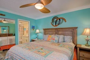7360 Estero Blvd Unit 703, Fort Myers Beach, FL 33931 - bedroom featuring crown molding, ceiling fan, and ensuite bathroom
