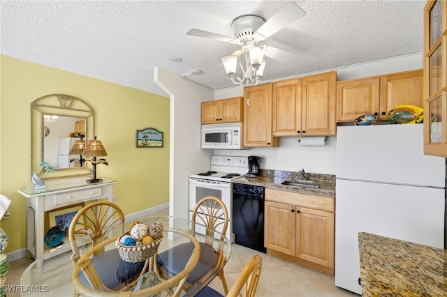 8701 Estero Blvd Unit 105, Bonita Springs, FL 33931 - kitchen featuring white appliances, a ceiling fan, a textured ceiling, light tile patterned flooring, and light brown cabinets