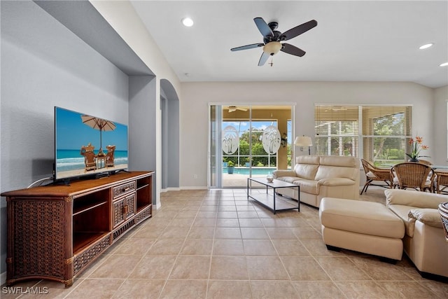 17936 Courtside Landings Cir, Punta Gorda, FL 33955 - living area featuring ceiling fan, recessed lighting, and light tile patterned flooring