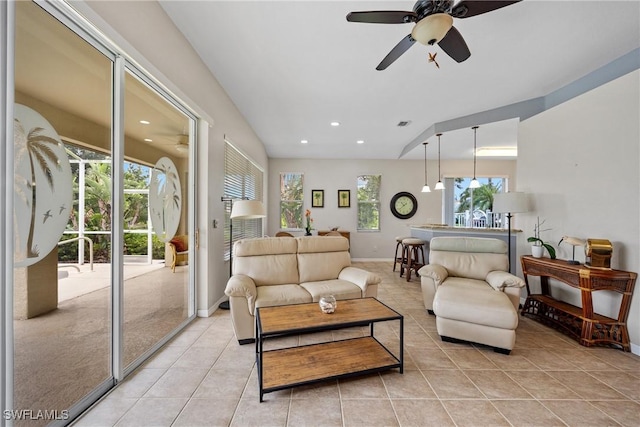 17936 Courtside Landings Cir, Punta Gorda, FL 33955 - living room featuring ceiling fan, light tile patterned floors, and recessed lighting