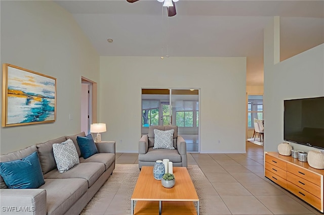 304 NW 22nd Ave, Cape Coral, FL 33993 - living area featuring ceiling fan, light tile patterned floors, and high vaulted ceiling