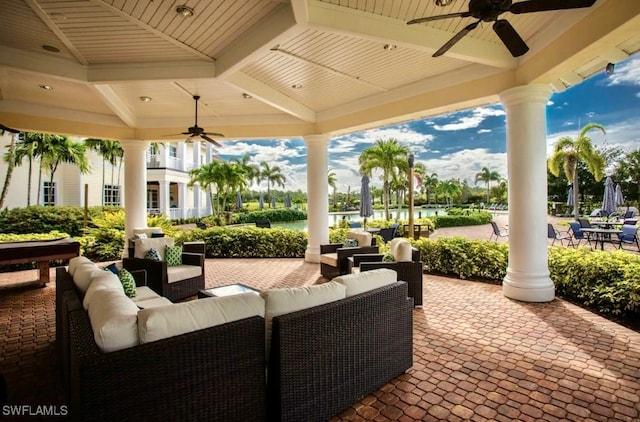 16569 Windsor Way, Alva, FL 33920 - view of patio / terrace featuring ceiling fan, outdoor lounge area, and a water view