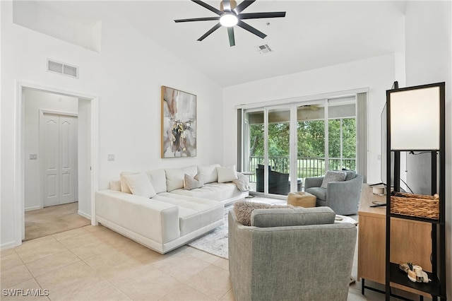 3425 Laurel Greens Ln S Unit 203, Naples, FL 34119 - living area with ceiling fan, high vaulted ceiling, and light tile patterned floors
