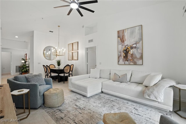 3425 Laurel Greens Ln S Unit 203, Naples, FL 34119 - living area featuring a ceiling fan, a chandelier, lofted ceiling, and recessed lighting