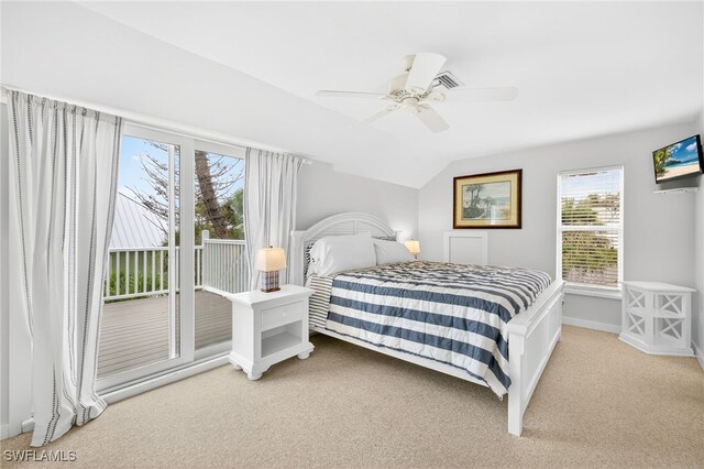 33 Urchin Ct, Captiva, FL 33924 - bedroom featuring carpet flooring, vaulted ceiling, access to outside, and ceiling fan