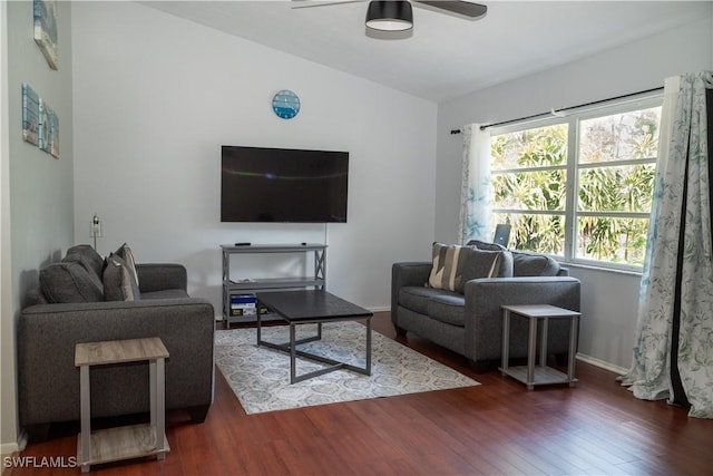 5870 Star Grass Ln, Naples, FL 34116 - living room featuring vaulted ceiling, wood finished floors, and ceiling fan