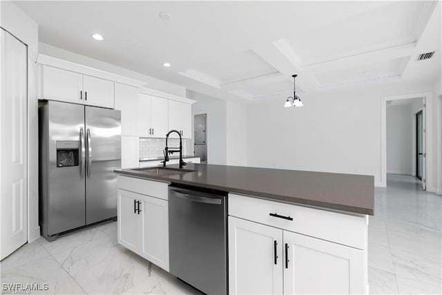 5300 3rd St W, Lehigh Acres, FL 33971 - kitchen featuring stainless steel appliances, light marble finish floors, recessed lighting, dark countertops, and white cabinetry