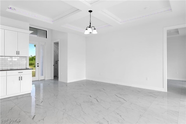 5300 3rd St W, Lehigh Acres, FL 33971 - unfurnished dining area featuring a chandelier, coffered ceiling, light marble finish flooring, and beam ceiling
