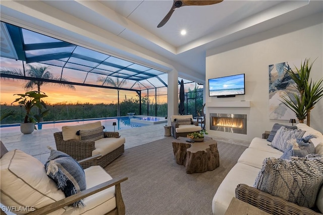 8923 Nevis Way, Naples, FL 34112 - view of patio with an outdoor living space with a fireplace, ceiling fan, and a pool with connected hot tub