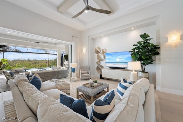 8923 Nevis Way, Naples, FL 34112 - living room with ceiling fan, beamed ceiling, recessed lighting, coffered ceiling, and wood finished floors
