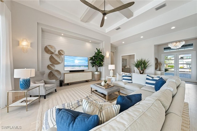 8923 Nevis Way, Naples, FL 34112 - living room featuring recessed lighting, ceiling fan, beam ceiling, and a chandelier