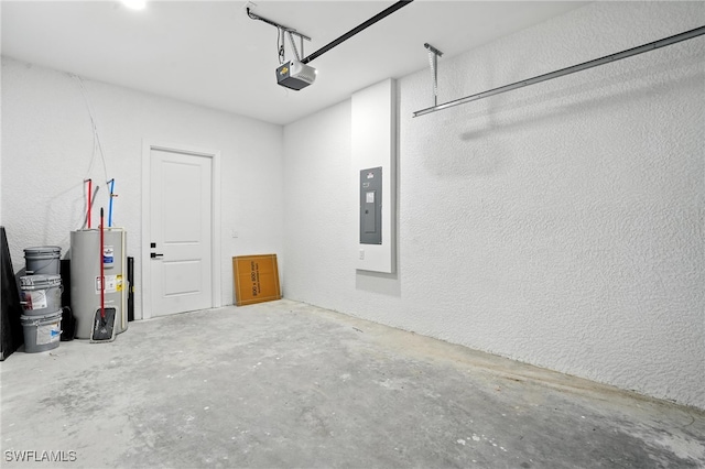 4881/4883 Leonard Blvd S, Lehigh Acres, FL 33973 - garage featuring water heater, electric panel, a textured wall, and a garage door opener