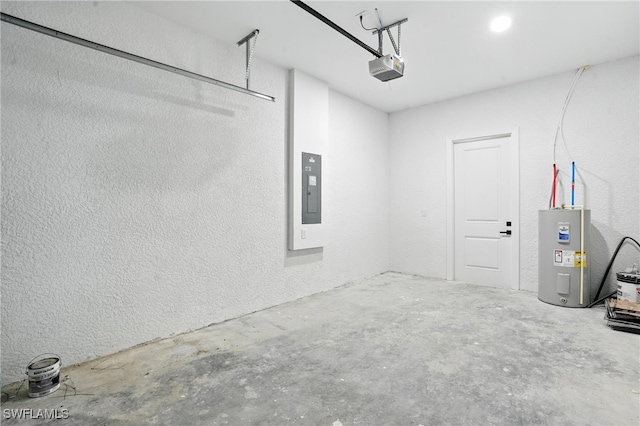 4881/4883 Leonard Blvd S, Lehigh Acres, FL 33973 - garage featuring electric water heater, electric panel, a textured wall, and a garage door opener