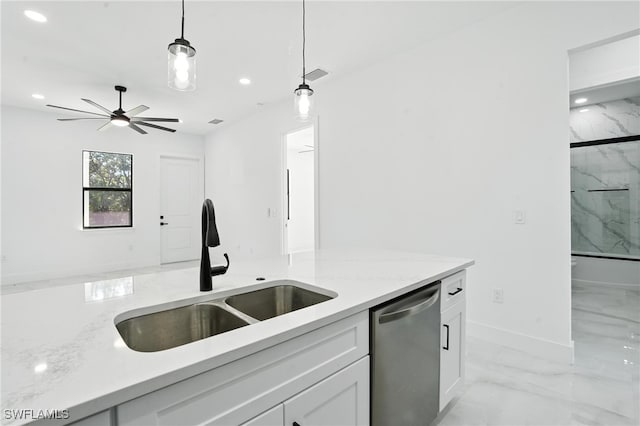 4881/4883 Leonard Blvd S, Lehigh Acres, FL 33973 - kitchen featuring stainless steel dishwasher, light marble finish flooring, recessed lighting, decorative light fixtures, and a ceiling fan